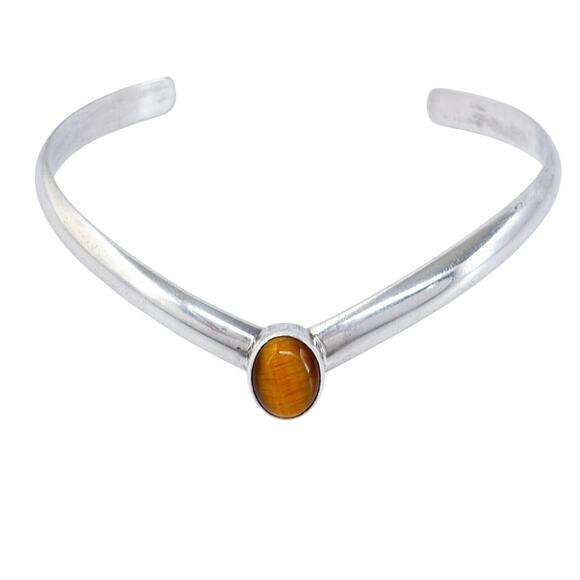 Tiger's Eye Cabochon Chevron Cuff | Vintage Sterling Silver 925 Bracelet | 7" - Picture 2 of 8